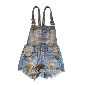 Harmony + Havoc Denim Overall Shorts Size 0 Distressed Frayed Bib Shorts